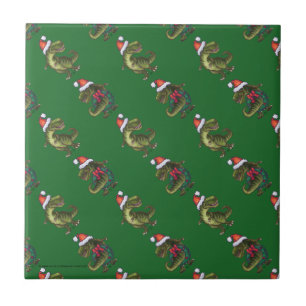 Koppen en kwartels Festive TRex Green Pattern Tegeltje
