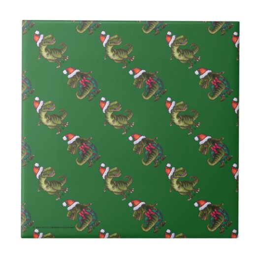 Koppen en kwartels Festive TRex Green Pattern Tegeltje (Voorkant)