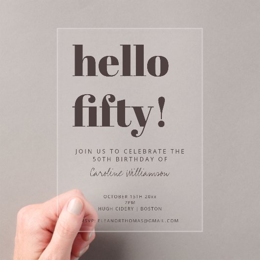 Koptekst Typografie Bruin Modern 50e Verjaardag He Acryl Uitnodigingen (Insitu (Draagbaar))