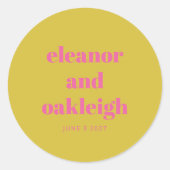 Koptekst Vet Fel Roze Geel Modern Huwelijk Ronde Sticker (Voorkant)