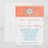 Koraal, Aqua Blauw, Grijs Damast Monogram Invite Kaart (Voorkant / Achterkant)