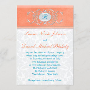 Koraal, Aqua Blauw, Grijs Damast Monogram Invite Kaart