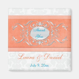 Koraal, Aqua en Grey Damask Wedding Favor Magnet Magneet