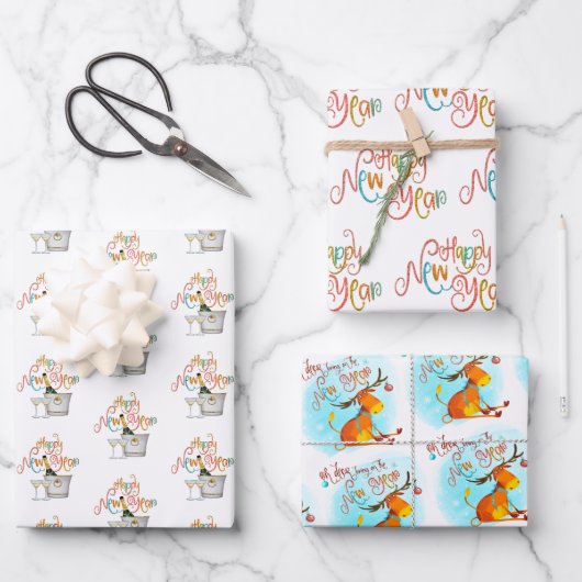 Koraal Blauwgroen Goud Glitter Oh Deer Gelukkig Ni Inpakpapier Vel (Voorkant)