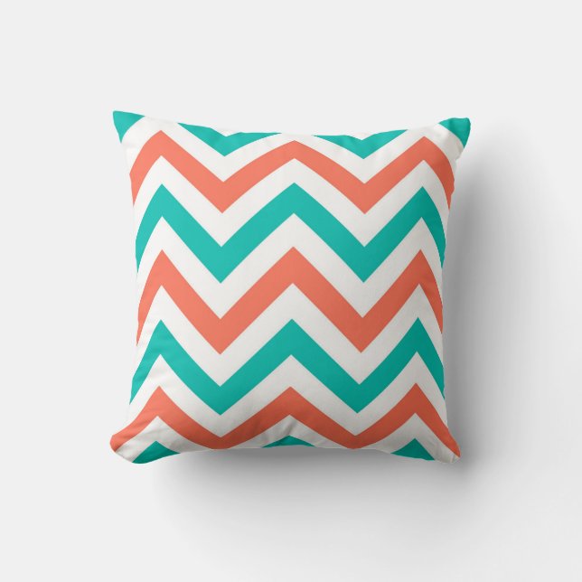 Koraal, Blauwgroen, wit groot Chevron ZigZag Patte Kussen (Voorkant)