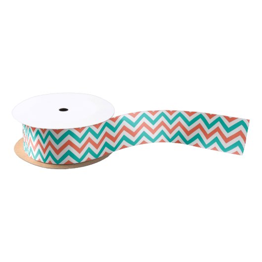 Koraal, Blauwgroen, wit groot Chevron ZigZag Patte Lint (Spoel)