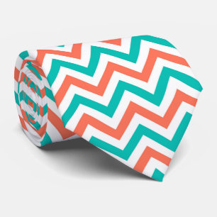 Koraal, Blauwgroen, wit groot Chevron ZigZag Patte Stropdas