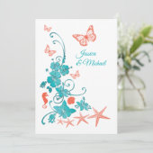 Koraal, Blauwgroen, Witte Bestemmingsbruiloft Kaart (Staand voorkant)