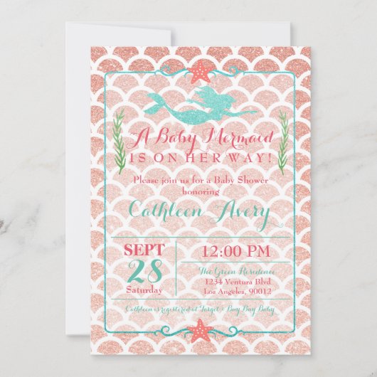 Koraal & Blauwgroen Zeemeermin Baby shower Uitnodi Kaart (Voorkant)