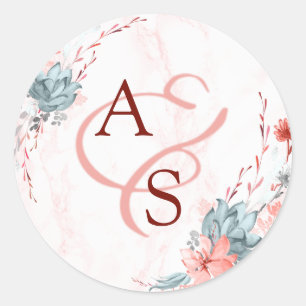 Koraal Bloemen Marmer Monogram Bruiloft Seal Ronde Sticker
