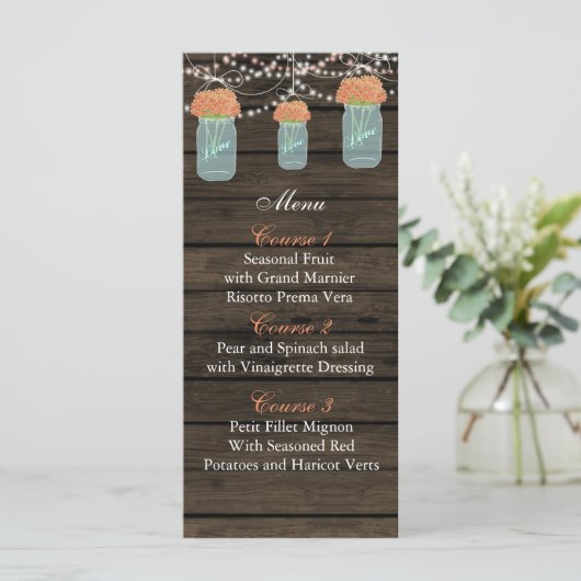 Koraal Bloemen Mason Jar Bruiloft Menukaarten Menu (Staand voorkant)
