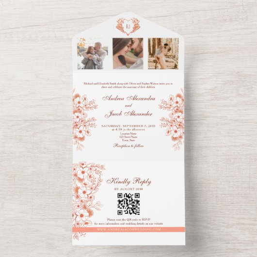 Koraal Bloemen Rustiek Chic Wedding All In One Uitnodiging (Binnen)