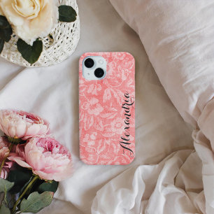 Koraal bloemenprint Monogram iPhone 16 Hoesje
