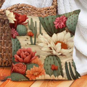 Koraal Crème Rood Bloemmotief Groen Cactus Woestij Kussen