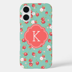 Koraal en Aqua Chic Afdrukmonogram iPhone 16 Hoesje