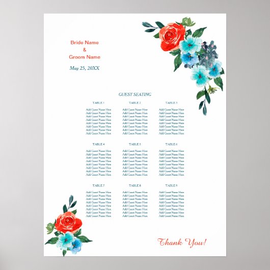 Koraal en Aqua Floral Wedding Dinner Sechart Poster (Voorkant)