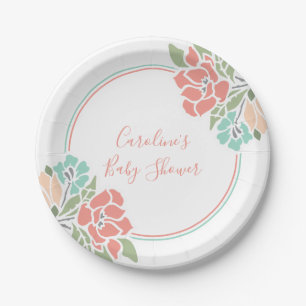 Koraal en Blauwgroen Baby shower van Floral Papieren Bordje