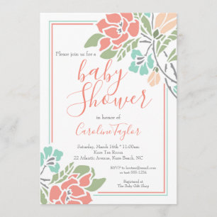 Koraal en Blauwgroen Bloemen Baby shower Uitnodigi Kaart