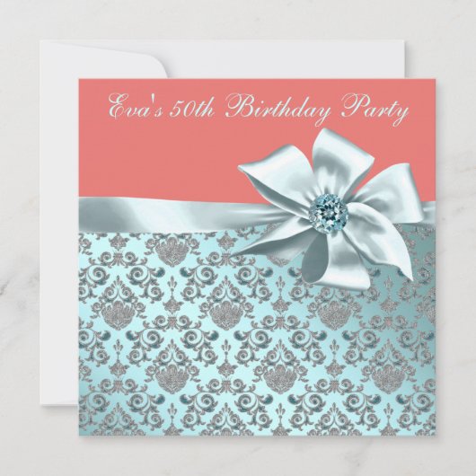 Koraal en Blauwgroen Blue Damask 50ste verjaardags Kaart (Voorkant)