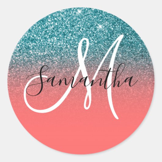 Koraal en Blauwgroen Glitter Gradient Monogram Ronde Sticker (Voorkant)