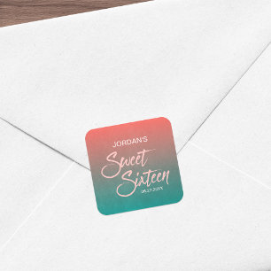 Koraal en Blauwgroen gradiënt zoet 16 Birthday Vierkante Sticker