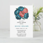 Koraal en Blauwgroen pioenen Gold Couples Shower Kaart (Staand voorkant)