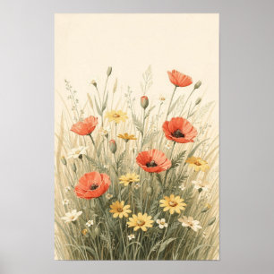 Koraal en Boter Gele Wilde Bloemenweide Poster