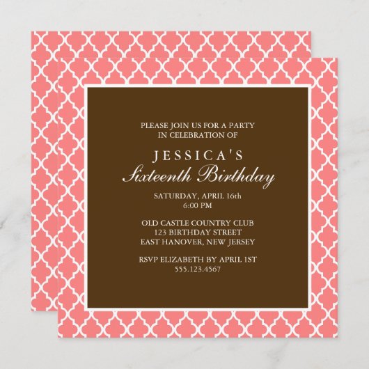 Koraal en bruin Elegant Quatrefoil Birthday Kaart (Voorkant / Achterkant)