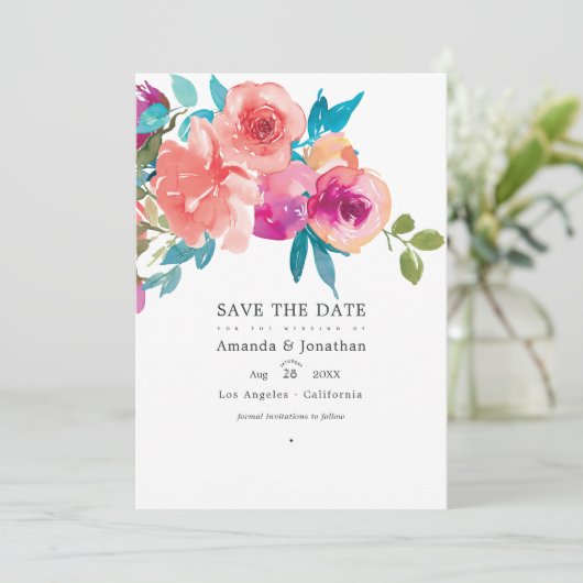 Koraal en Fandango bloemen bruiloftsfoto Save The Date (Staand voorkant)