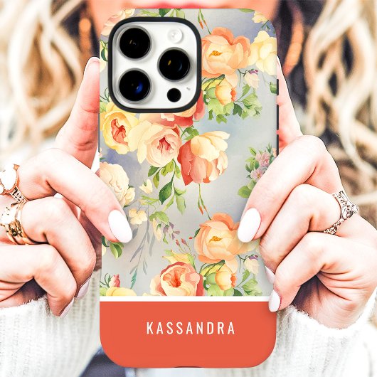 Koraal en Gele Bloemstuk Aangepaste Naam Case-Mate iPhone Case
