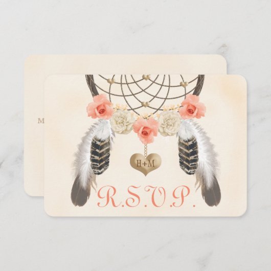 Koraal en Goud Boho Dreamcatcher Bruiloft RSVP Kaa (Voorkant / Achterkant)
