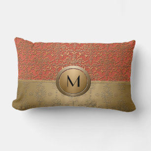 Koraal en Gouden Monogram Damast Patroon Kussen