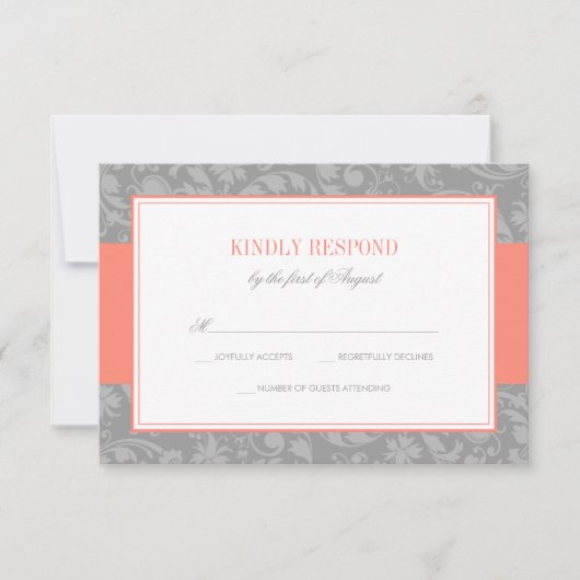 Koraal en grijs Damask Wedding RSVP (Voorkant)