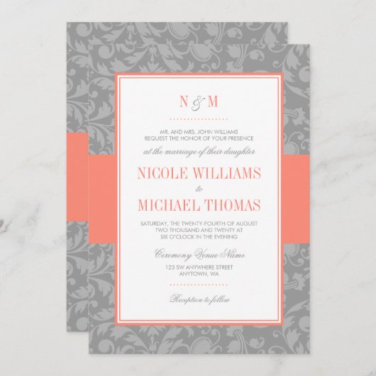 Koraal en Grijs Damaskus Huwelijksuitnodigingen Kaart (Voorkant / Achterkant)