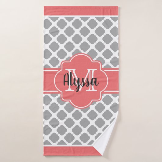 Koraal en grijs Marokkaanse monogrammed Bath Towel Badhanddoek (Badhanddoek)