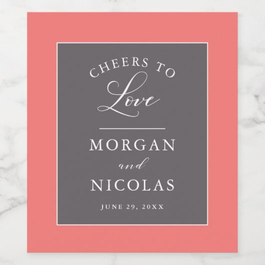 Koraal en grijze Cheers to Love Wedding Wijn Etiket (Enkel label)