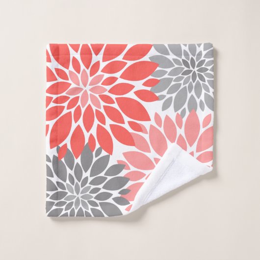 Koraal en grijze Chrysanthema's Floral Pattern Bad Handdoek (Wasdoekje)