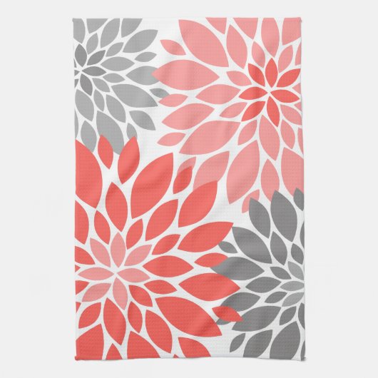 Koraal en grijze Chrysanthema's Floral Pattern Theedoek (Verticaal)