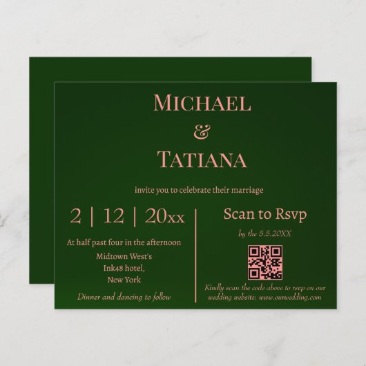 Koraal en Groene RSVP QR Code Bruiloft uitnodiging (Voorkant / Achterkant)