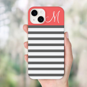 Koraal- en houtsteenpreppy-stripes, aangepast mono Case-Mate iPhone 14 hoesje
