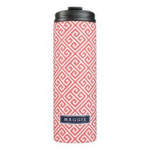 Koraal en marine blauw Griekse sleutel Monogram Thermosbeker