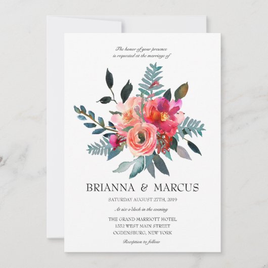 Koraal en Marine Bloemen Huwelijksuitnodiging Kaart (Voorkant)