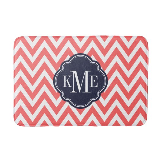 Koraal en marine Chevron Monogram Badmat (Voorkant)