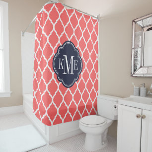 Koraal en marine Marokkaanse Quatrefoil Monogram Douchegordijn
