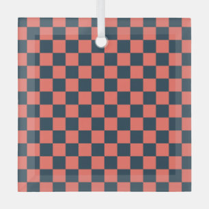 Koraal en marine schaakbordpatroon glas ornament