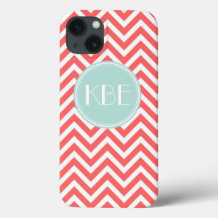 Koraal en Mint Chevron Custom Monogram iPhone 13 Hoesje