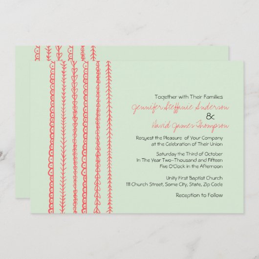 Koraal en Mint Fun Doodles Wedding Invitations Kaart (Voorkant / Achterkant)