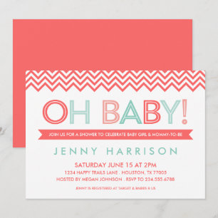 Koraal en Mint Modern Chevron Baby shower Kaart