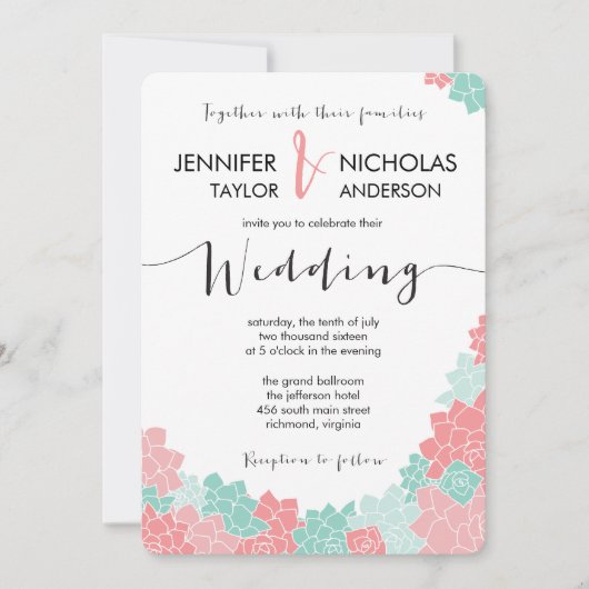 Koraal en Munt Bloem bruiloft uitnodiging (Voorkant)