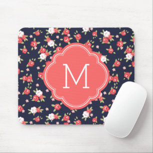 Koraal en Navy Chic Bloemenprint Monogram Muismat
